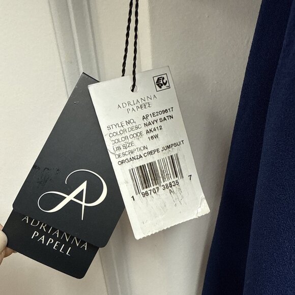 New Adrianna Papell Size 16 W Navy Off-Shoulder Organza-Sleeve Cocktail Jumpsuit - Picture 10 of 14